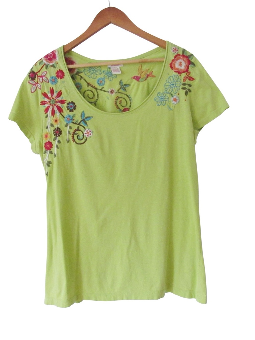 Sundance Embroidered Floral Short Sleeve Tee XL Scoop Neck Boho Lime Green
